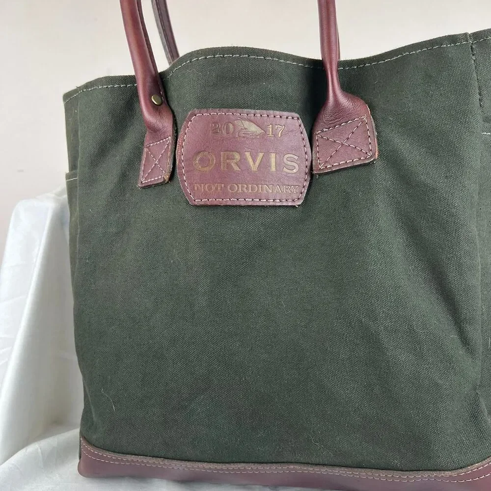 Orvis Not Ordinary 2017 Bag Green Canvas Tote Bag With Burgundy Leather